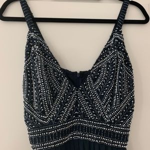 Lace & Beads Long Formal Navy Dress
